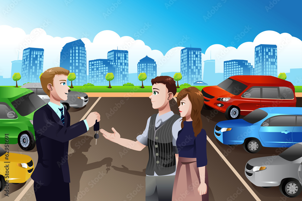 Car salesman with customers in the dealership