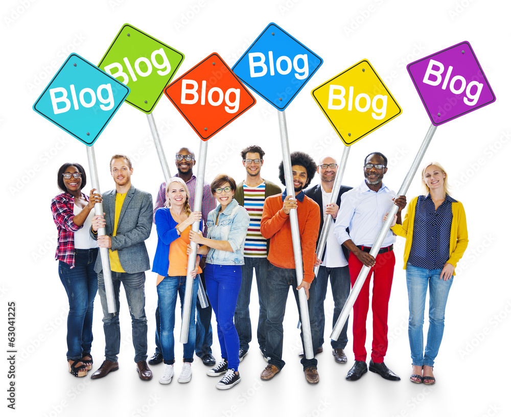 Multi-Ethnic People Holding Signs With Blog