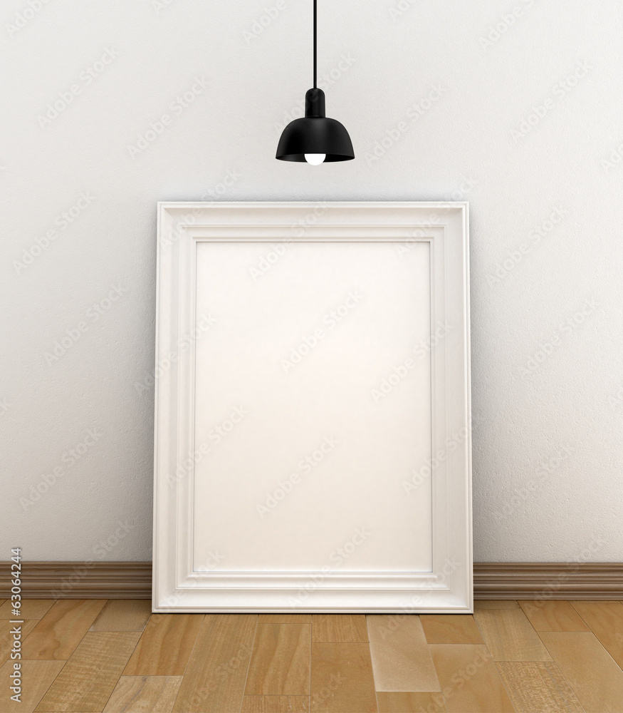 white frame in room and lamp