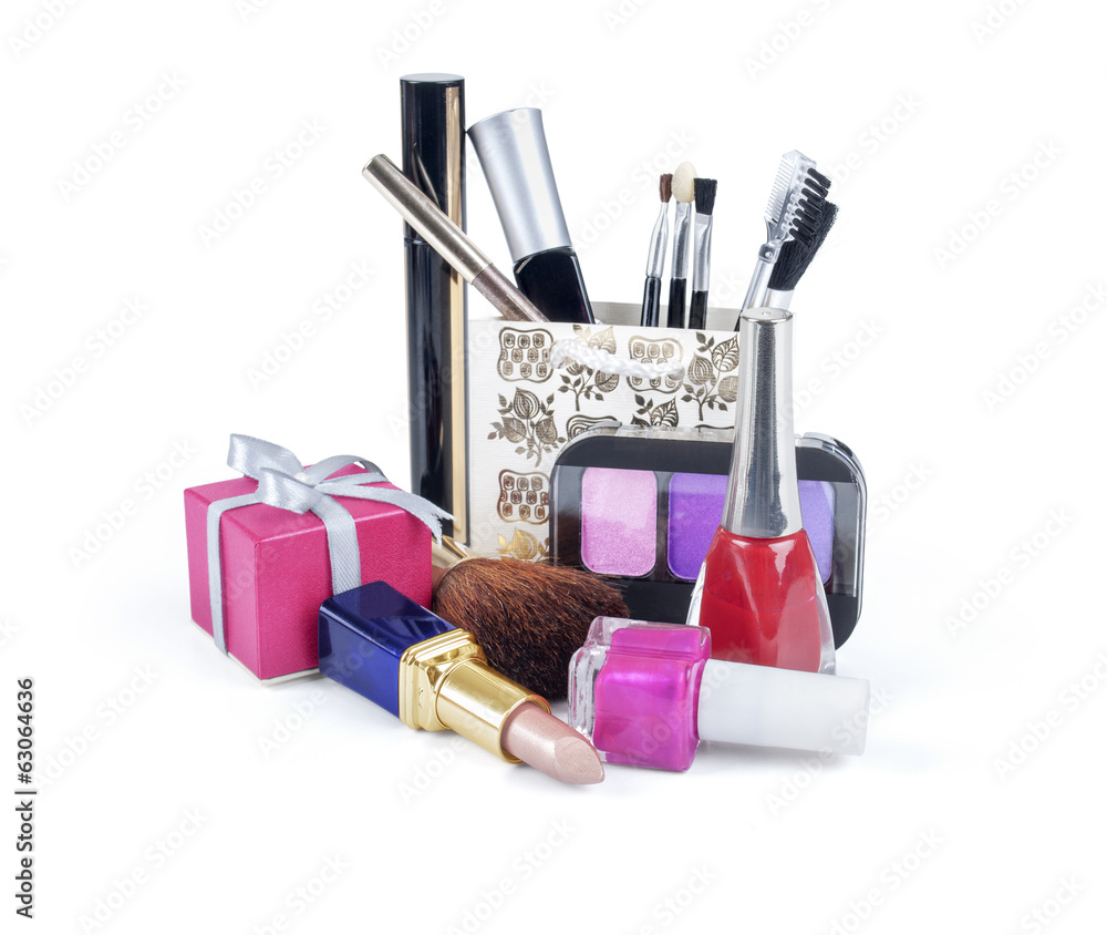 Close up view of make up objects on white back