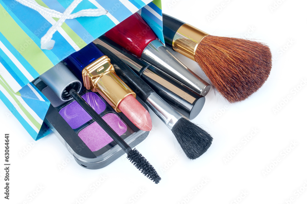 Close up view of make up objects on white back