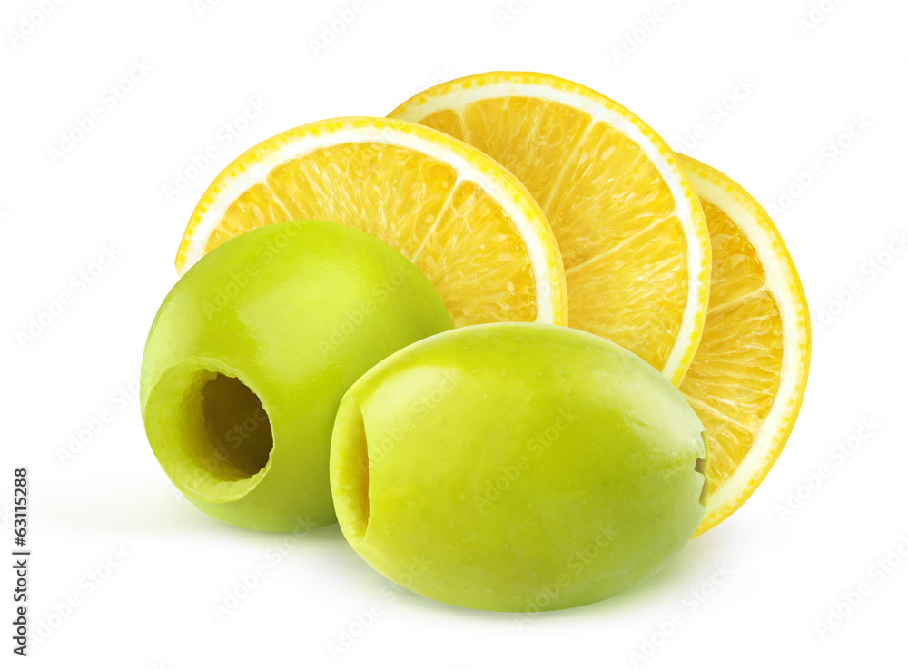 Isolated olives. Pitted green olive fruits and slices of lemon over white background