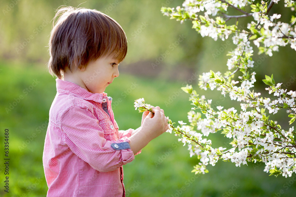 Adorable happy kid outdoors on spring day in beautiful blooming