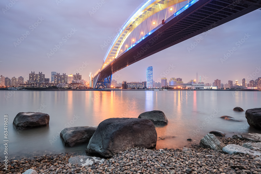 夜幕降临的上海芦浦大桥