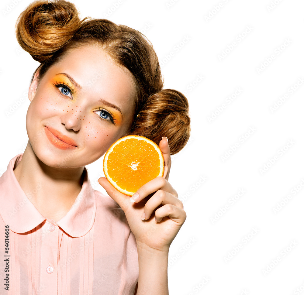 Beauty Model Girl with Juicy Orange. Joyful Teen Girl