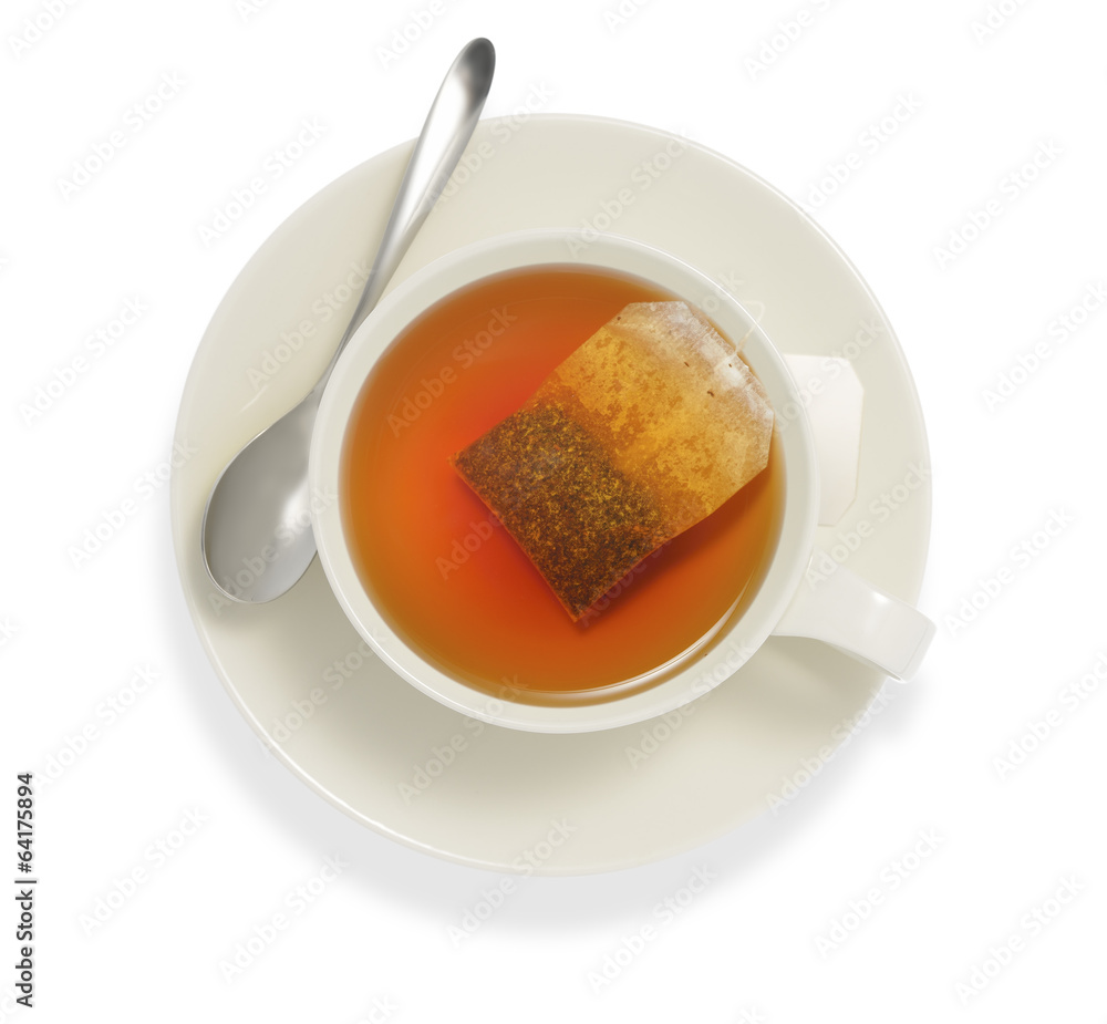 Top view of a cup of tea with tea bag, isolate on white