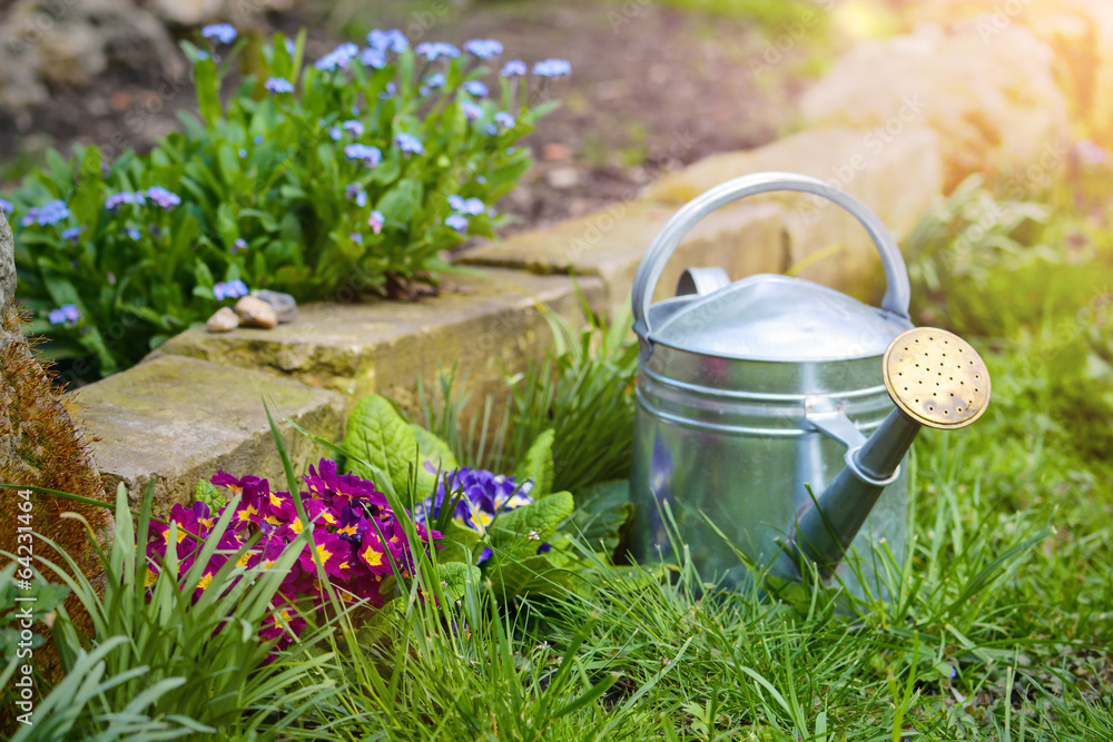 Gießkanne in einem wilden Garten