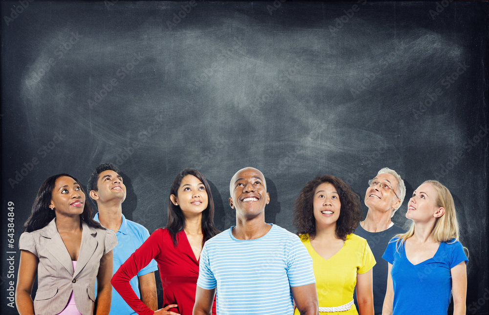 Diverse Students Looking Up With Blackboard