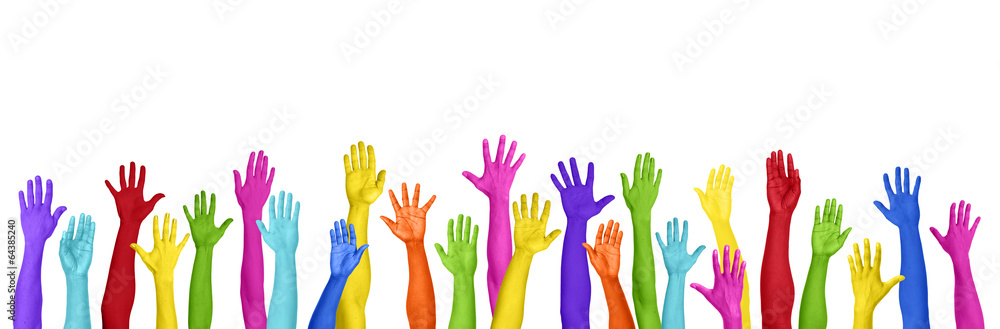 Colorful Hands Raised on White Background