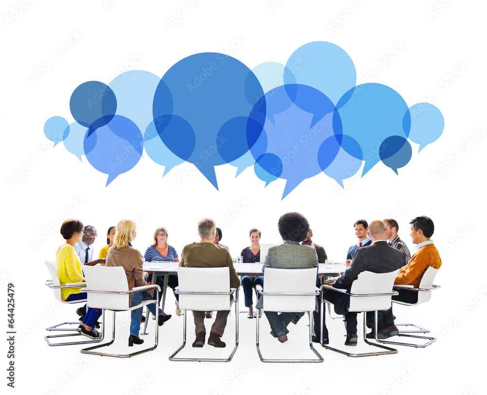 Diverse People in Meeting With Speech Bubbles