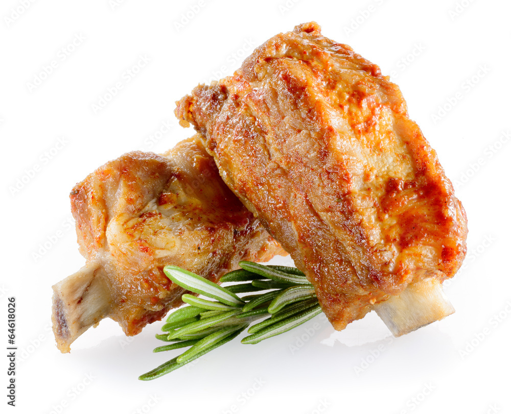 Grilled ribs with rosemary isolated on white background