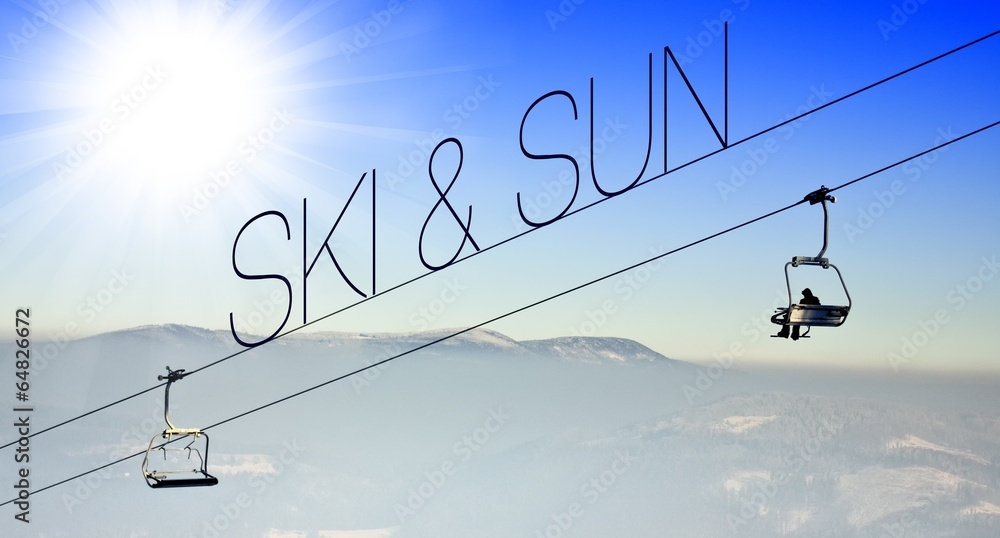 Ski and sun on ski lift creative conceptual illustration