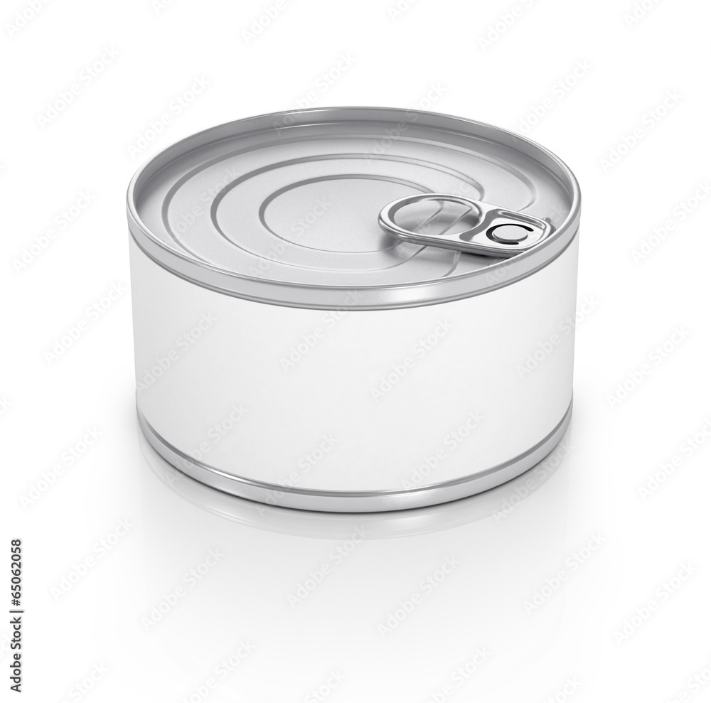 Can with blank white label isolated on white.