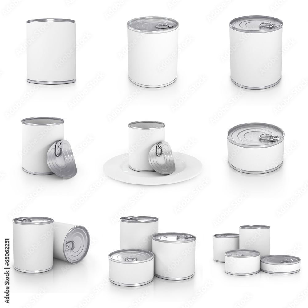 Can collection with blank white label isolated on white.