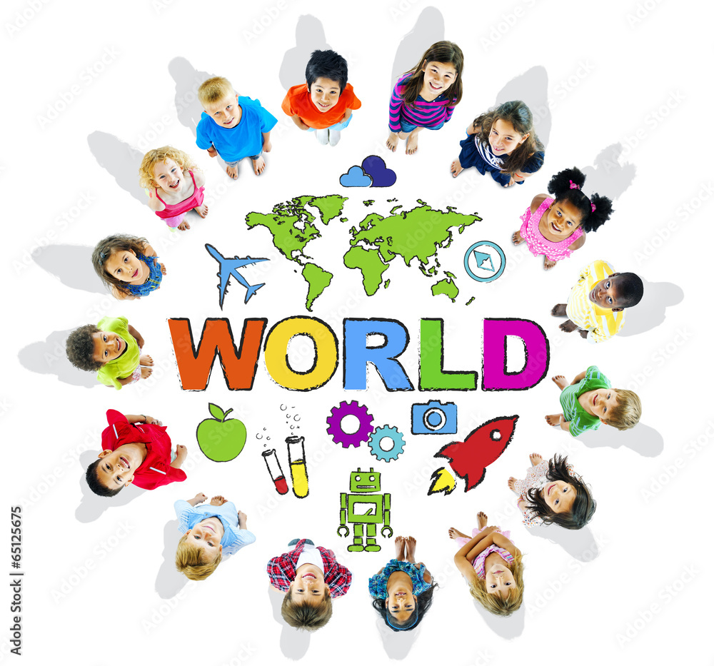 Multi-Ethnic Children with Text World and Related Symbols