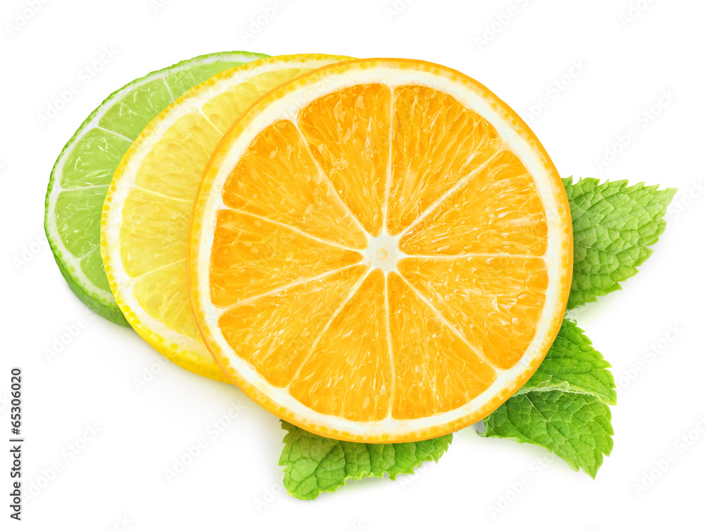 Isolated citrus fruits. Pieces of orange, lemon and lime isolated on white background