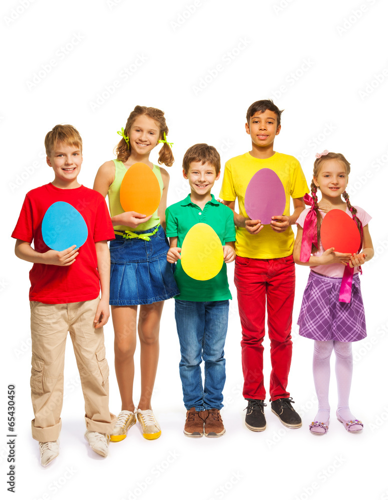 Children holding egg shape colourful cards