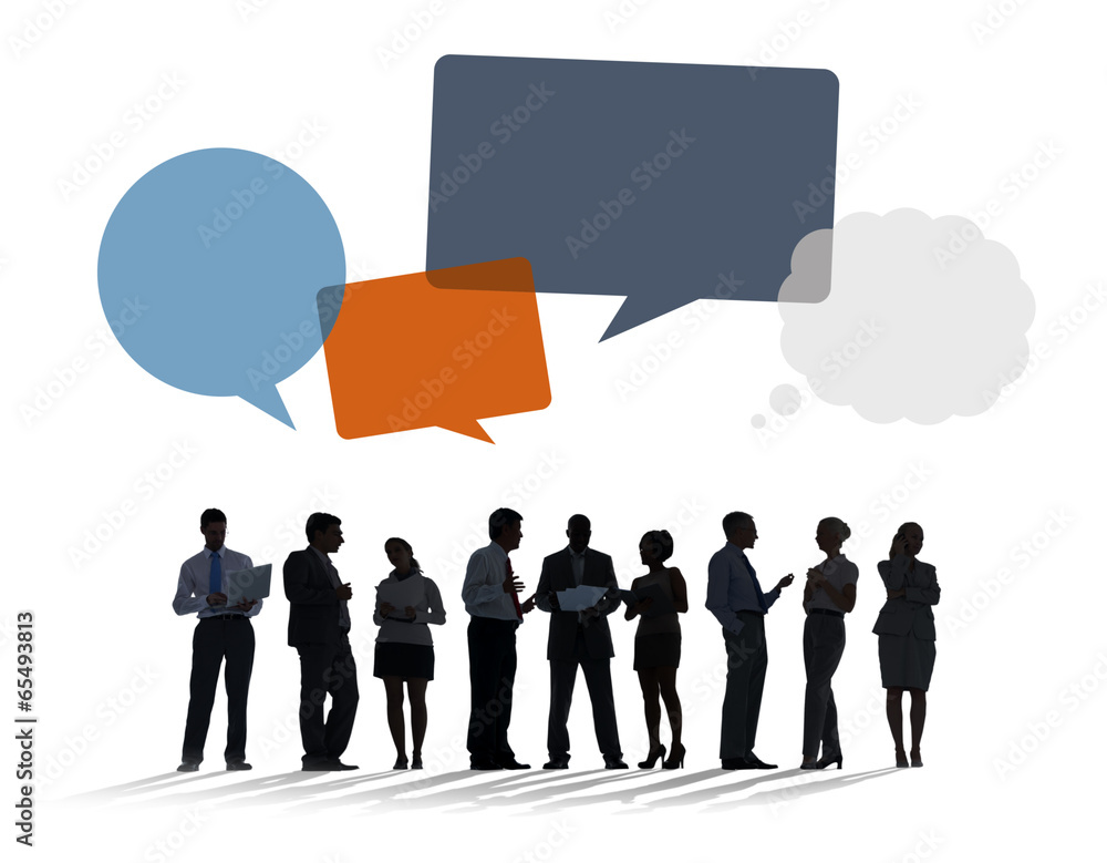 Silhouettes of Business People Discussing with Speech Bubbles