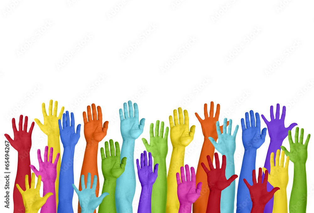 Colorful Hands Raised On White Background