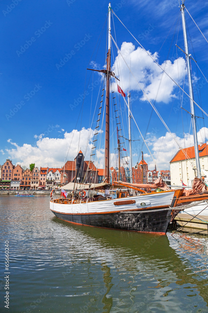 Sailboat at marina on Motlawa river in Gdansk, Poland