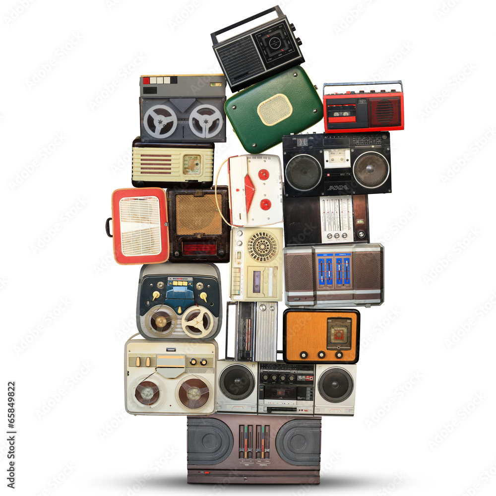 Retro recorder, audio system, collage of music, background