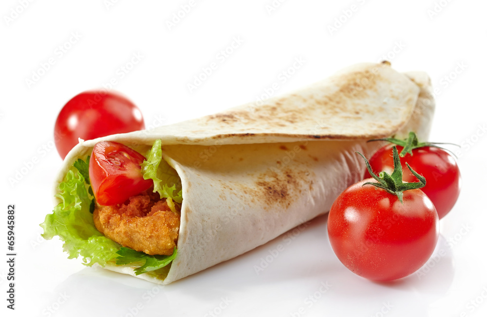 Wrap with fried chicken and vegetables