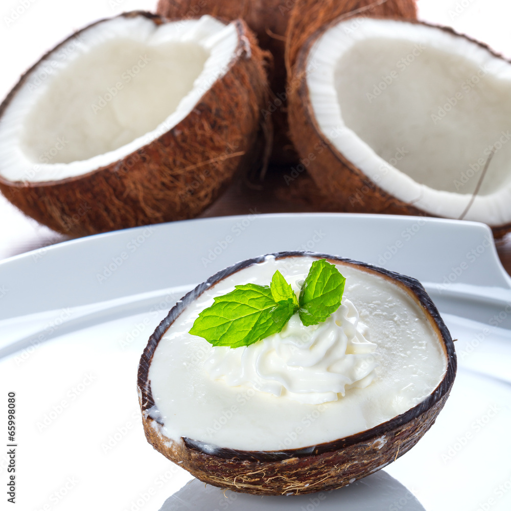 Coconut ice cream in coco shell