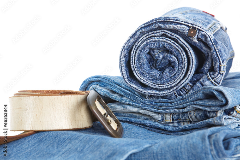 Lot of different blue jeans close - up