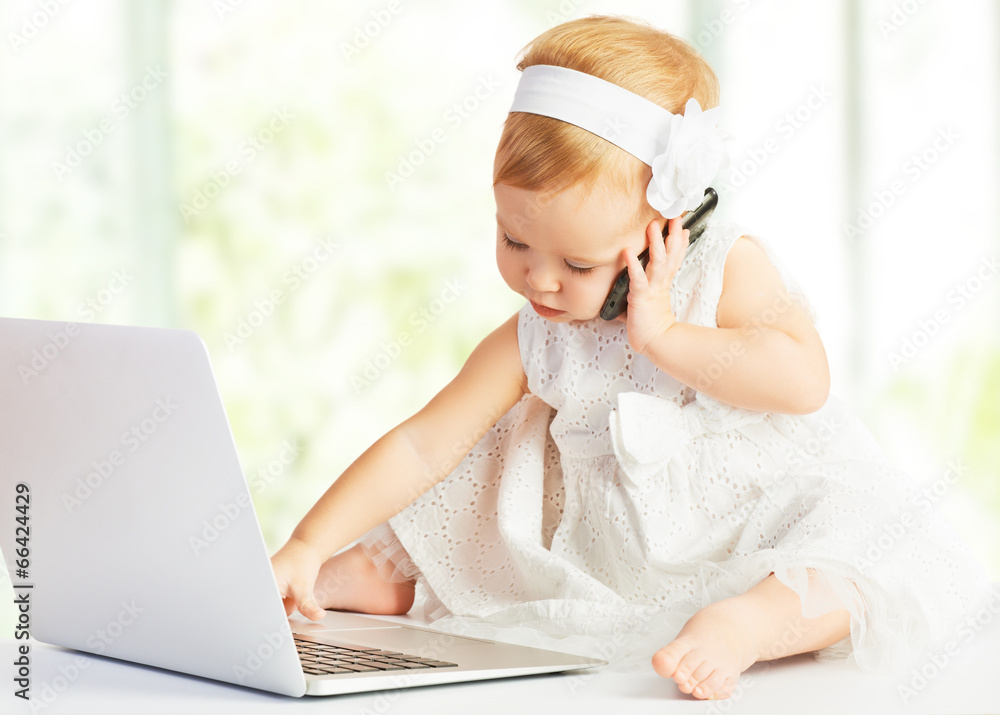 baby girl at  laptop computer, mobile phone