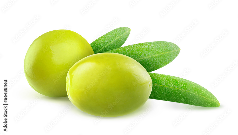 Isolated olive. Two green olive fruits with leaves isolated on white background