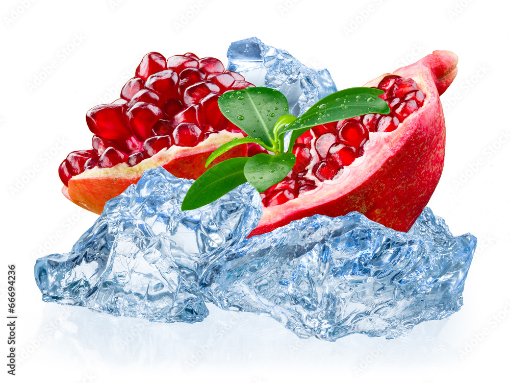 Pomegranate fruit with ice isolated on white background