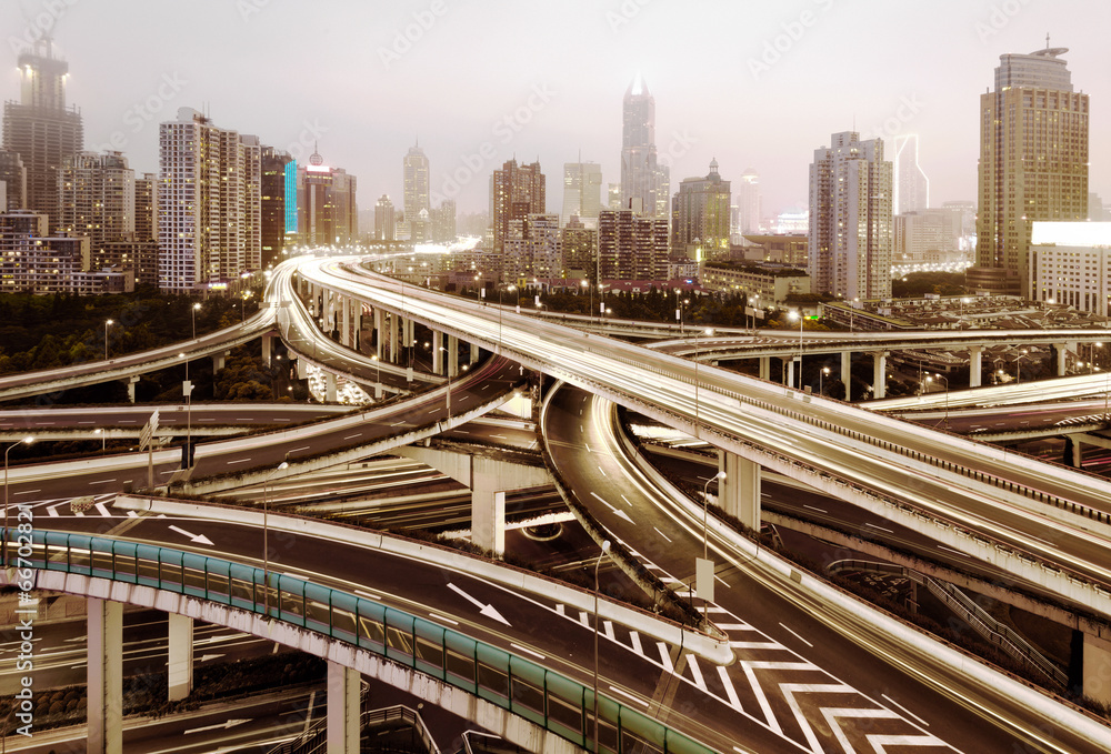 Modern urban viaduct at night