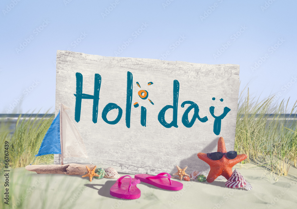 Holiday Signboard and Summer Props on Beach