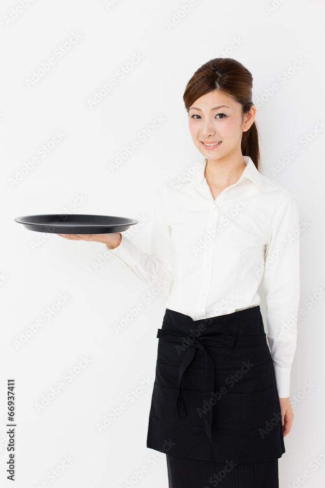 young asian waitress on white background