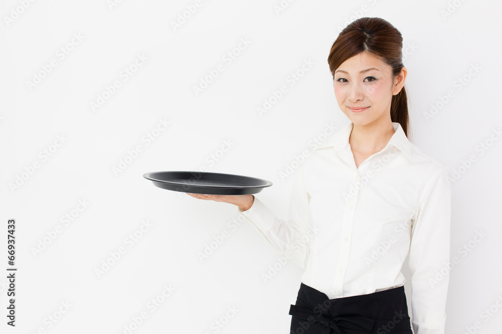 young asian waitress on white background