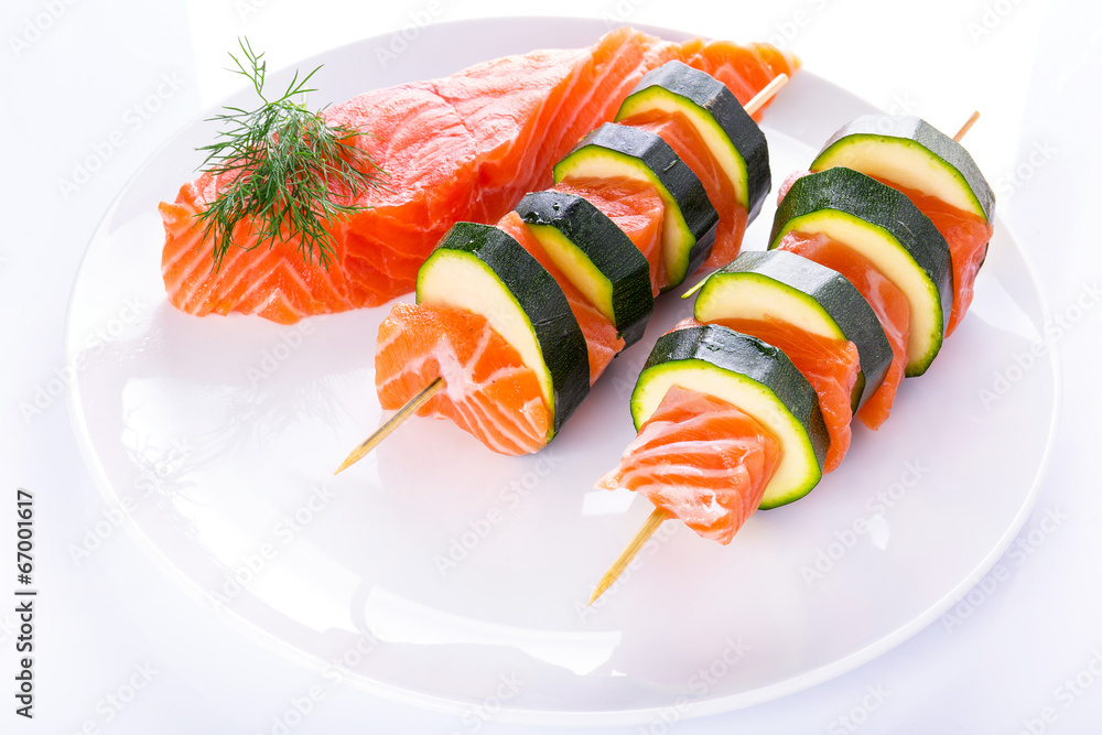 Salmon and courgette shashlik for healthy barbecue