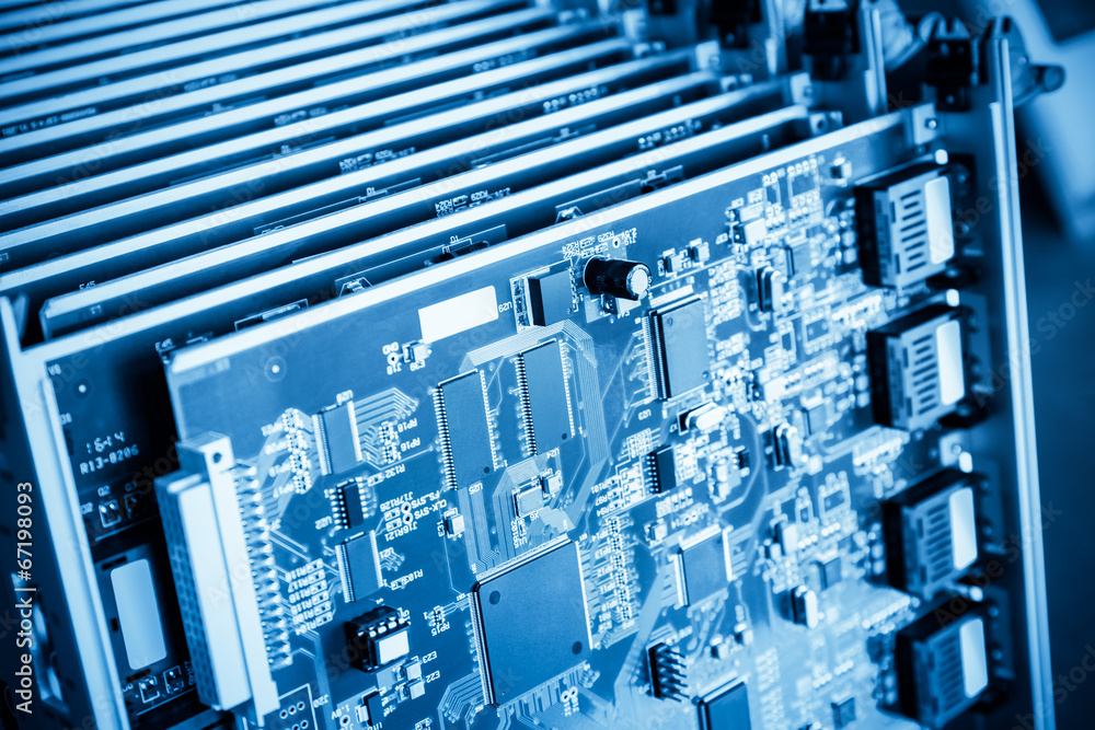 blue communication circuit board closeup