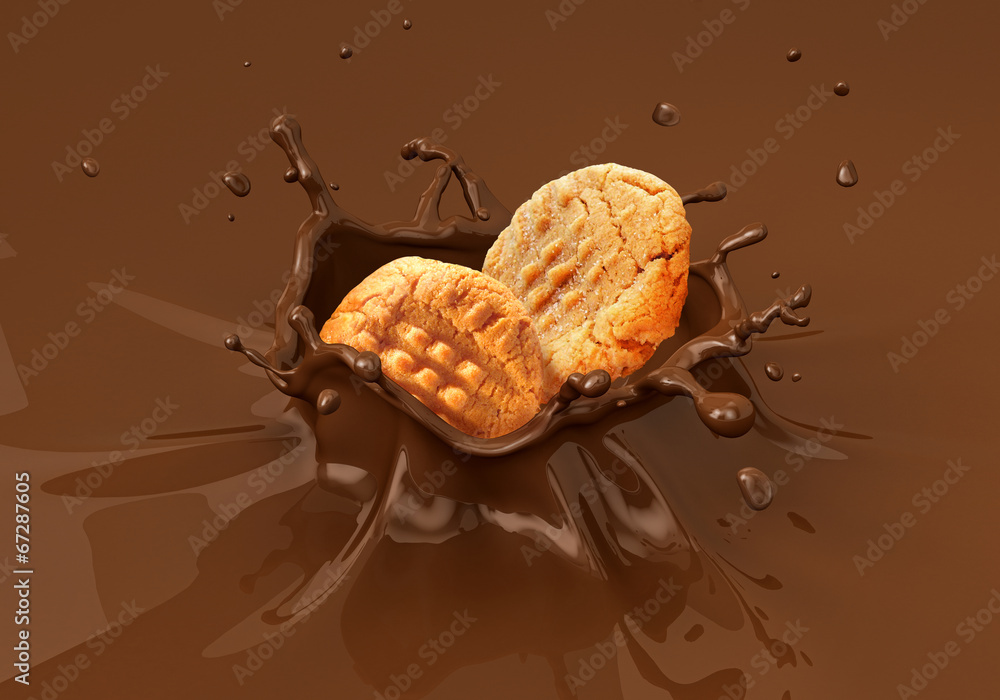 Two cookies biscuits falling into liquid chocolate splashing.