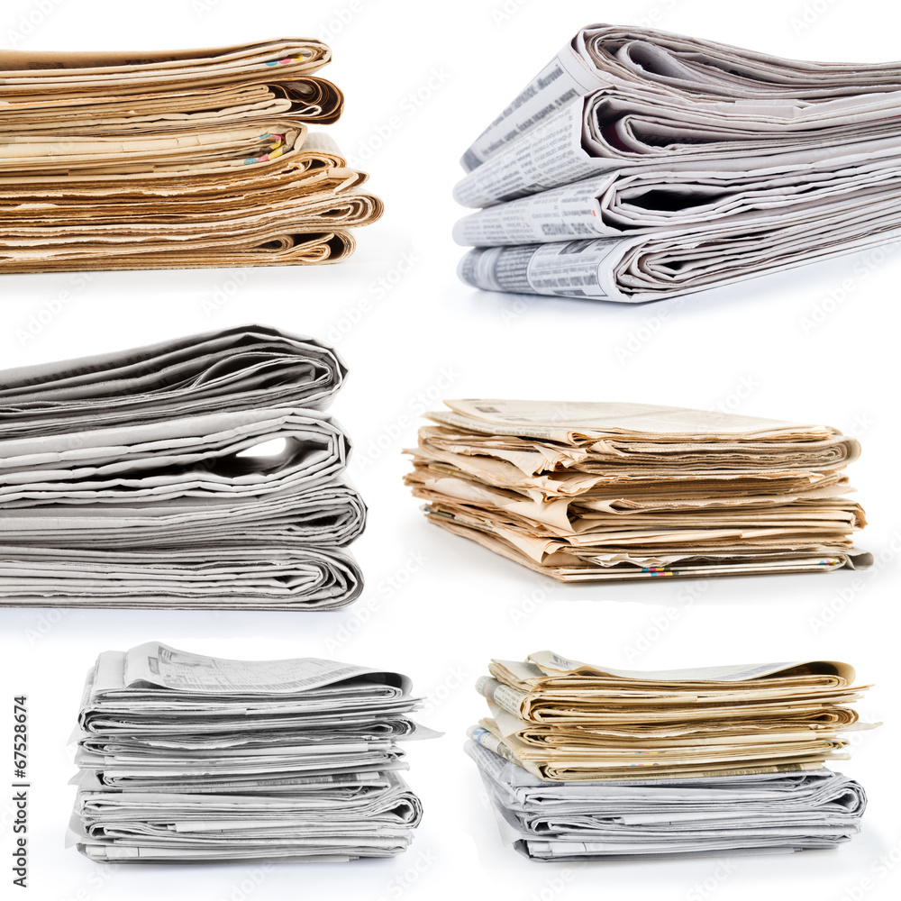 collection or set stack newspapers on white background