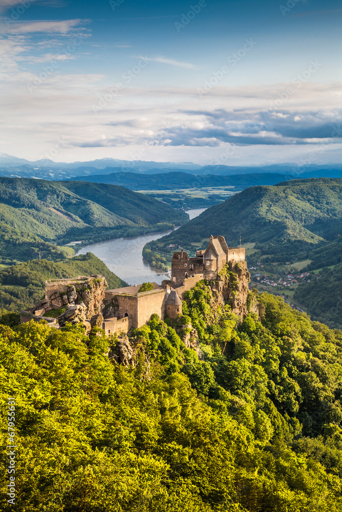 Wachau landscape with Danube river and old castle, Austria