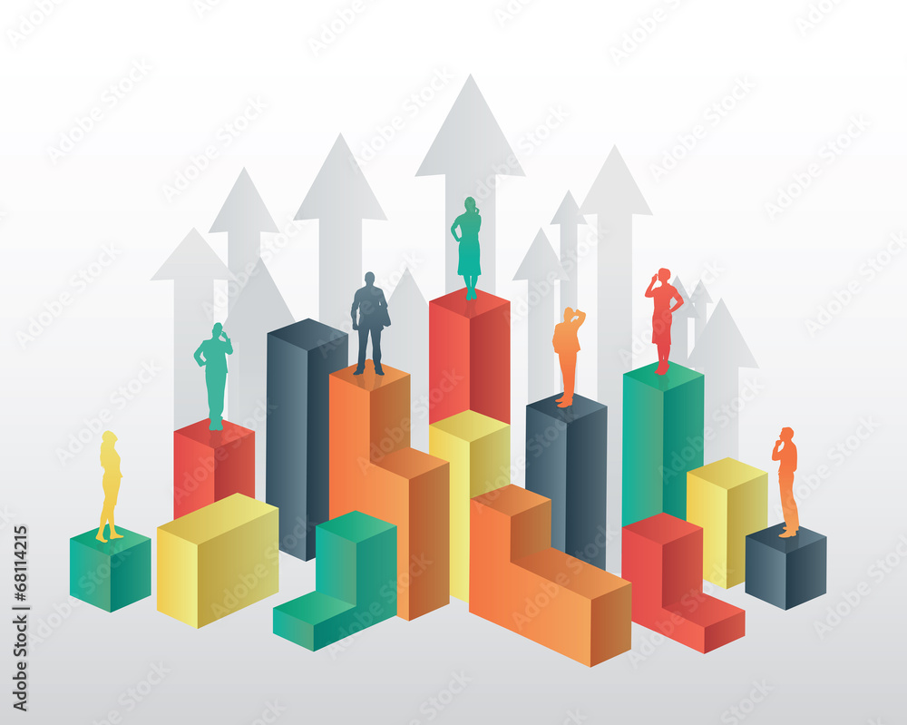 Business people standing on structure with arrows