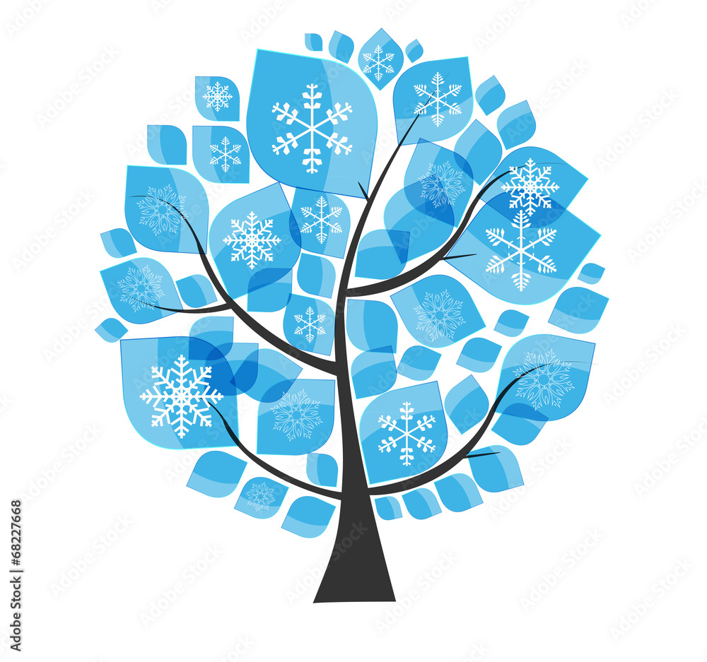 Beautiful Blue Winter Tree with Snowflakes on a White Background