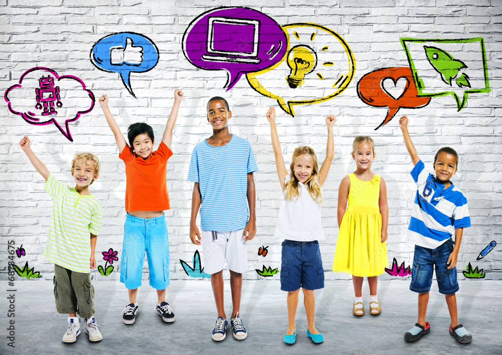 Group of Smart kids Standing in a Row with icons