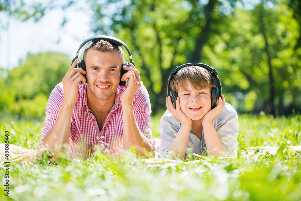 Father and son in park