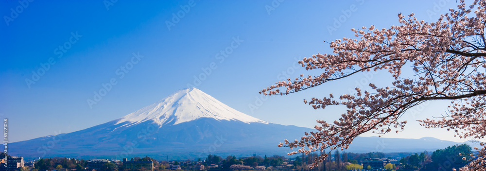 富士山，从日本川口湖看富士山，带着雪