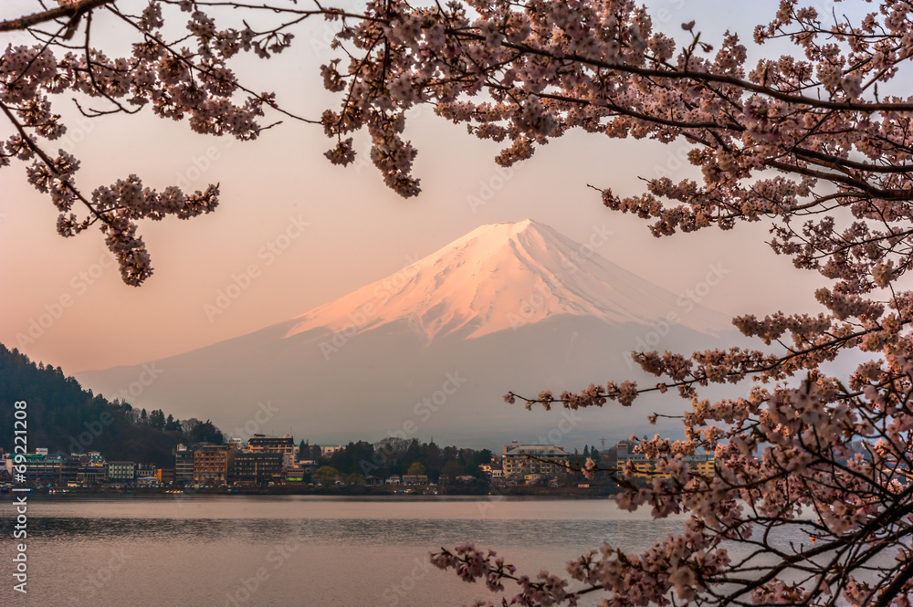 富士山，从日本川口湖看富士山，带着雪