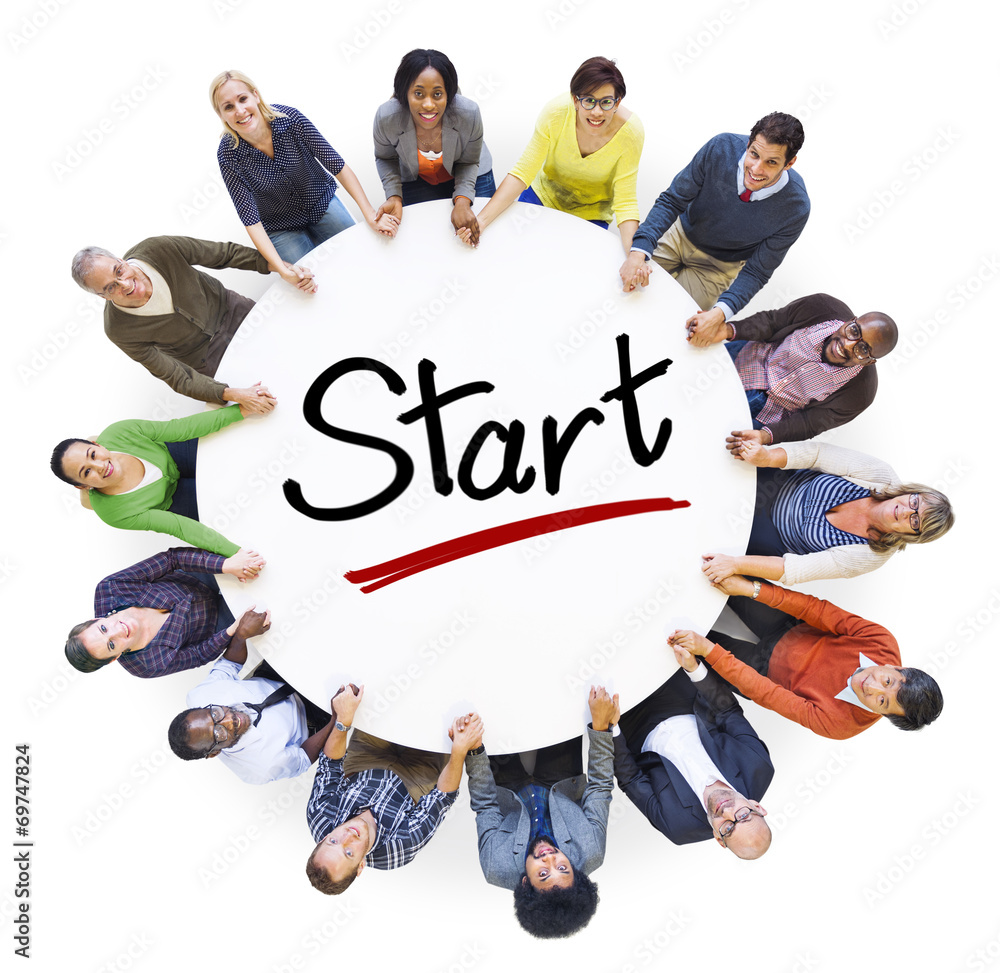 Group of People Holding Hands Around Letter Start