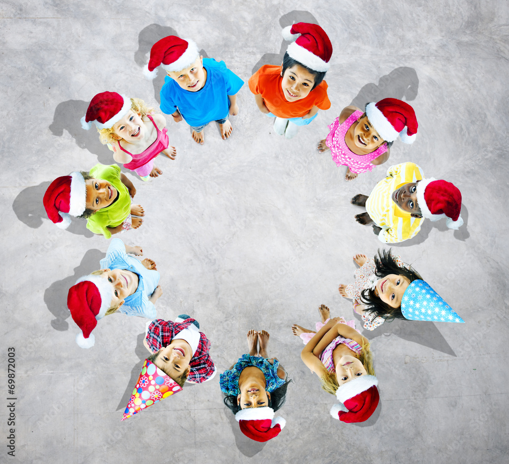 Kids with Christmas Hats in Grey Background