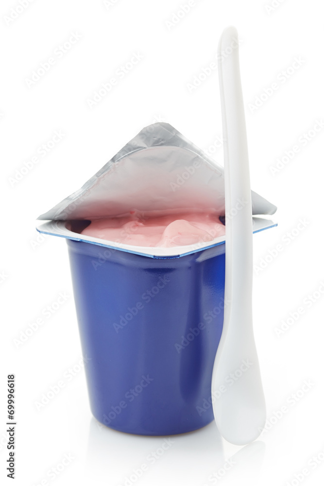 fresh pink berry yogurt in blue plastic pot