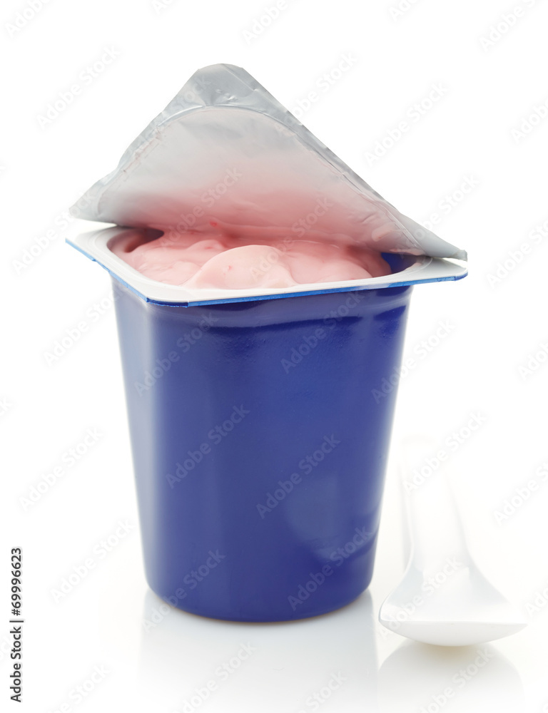 fresh pink berry yogurt in blue plastic pot